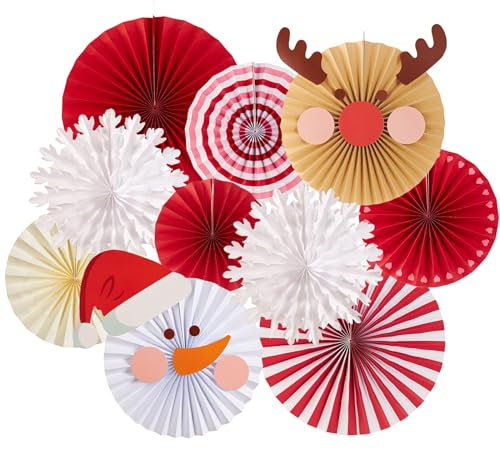 EASY JOY Décoration Noël Fête Ensemble de 10 Éventails en Papier Bonhomme de Neige Renne Flocon de Neige Rouge Décoration pour Noël Anniversaire Fête Décoration de Table Salle de Classe Décor de Fond