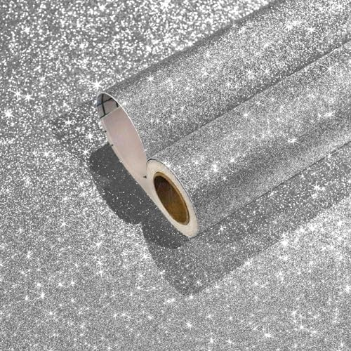 CHIHUT Sparkle Silver Glitter Wallpaper Peel and Stick Silver Glitter Contact Paper for Cabinets Walls Self Adhesive Removable Fabric Wallpaper Decorative Wall Paper for DIY Drawers 15.7''x100''