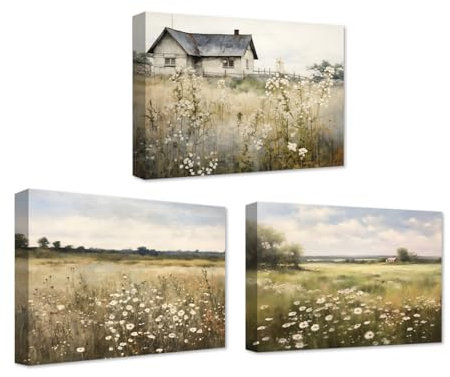 CXHOSTENT Retro-Feldlandschafts Leinwand Wandbilder 3-teilige Vintage Wildheit botanische Blumenbilder rustikale natürliche Kunstdrucke (B, 28.00 x 35.00 cms x 3PCS)
