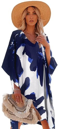 Breezy Lane Vestido caftán de playa para mujer, para traje de baño, diseño floral, ropa de centro turístico, Blanco Azul, talla única