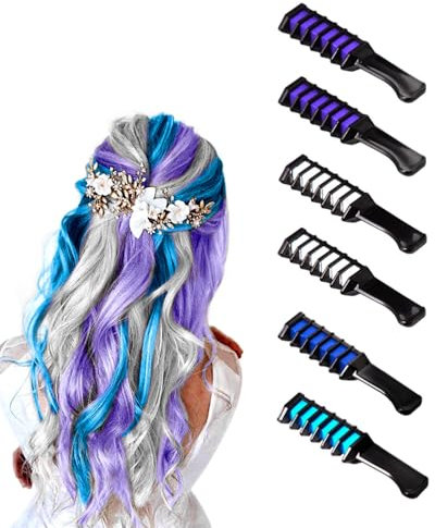 QLEUIFT 6 pcs Gessetti colorati per capelli, 3 colori per bambini I Regali di compleanno per ragazze, Natale, Halloween, cosplay, Pettine lavabile di gesso temporaneo, Non tossico, blu, bianco, viola