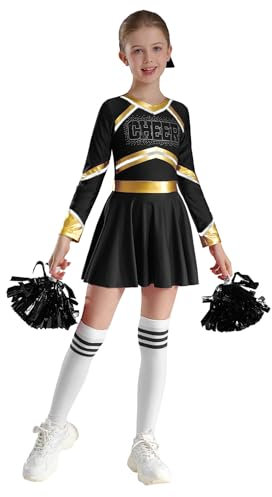 Yhong Mädchen 4tlg Langarm Cheerleading Uniform Outfits Cheer Kleid mit Pompoms Harrband Strümpfe Kinder Performance Tanzkleidung Set Weiß schwarz 170
