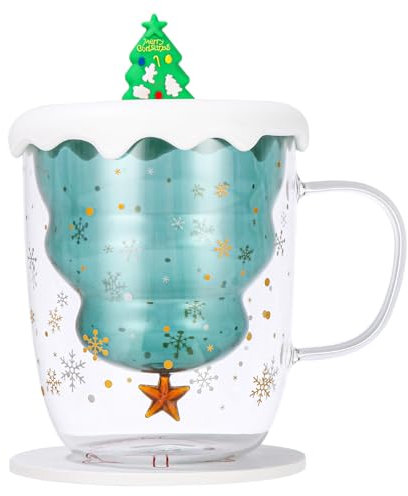 Xaosin Taza de Navidad de Doble Pared - Vaso Grande 300 ml para Café, Té y Vino Caliente - Con Tapa de Árbol y Plato