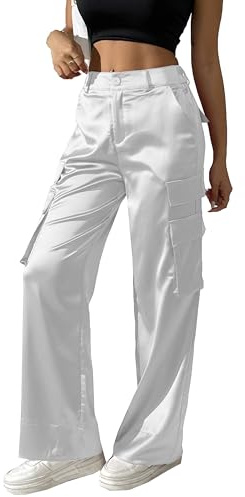 Pantalones largos de satén para mujer, de pierna ancha, sedosos, para fiesta, elegante, casual, con bolsillos