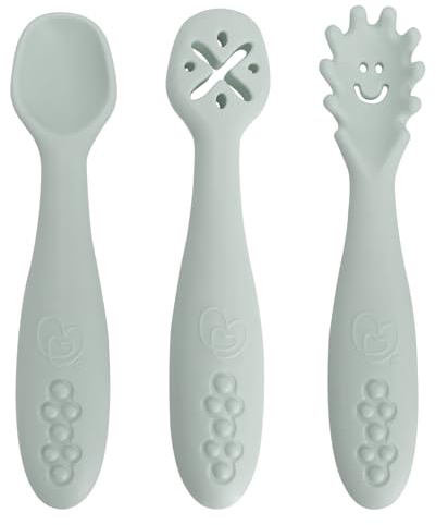 Dreambaby Scoop Mash and Twist BPA Free Silicone Toddler & Baby Spoon Set - 3 Stage Toddler Utensils for Baby Led Weaning - Soft Bite Training Spoons with Chunky EasiGrip - Seafoam Green
