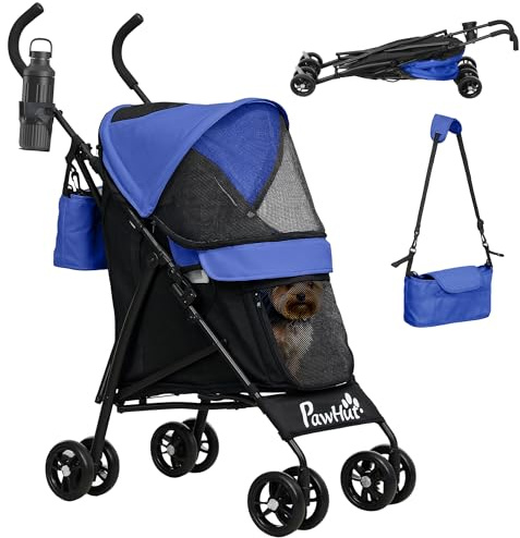 PawHut Passeggino per cani pieghevole per cani e gatti con finestra a rete, tracolla, borsa portaoggetti, ombrello per gatti, colore blu scuro