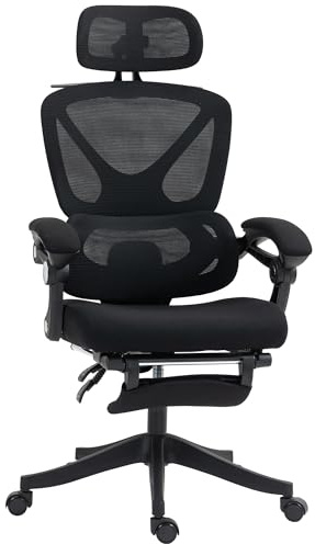 HOMCOM Silla de Escritorio de Malla Silla de Oficina Reclinable con Reposacabezas Soporte Lumbar Reposapiés y Altura Regulable Función de Basculante Carga 135 kg Negro