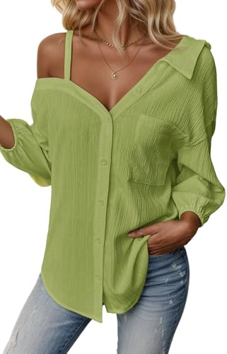 Adigau Woman Holiday 3/4 Sleeve Blouse Travel Off Shoulder Blouses Casual Button Down Top Summer Loose Tops Elegant Solid Color Shirt Yellow-Green L