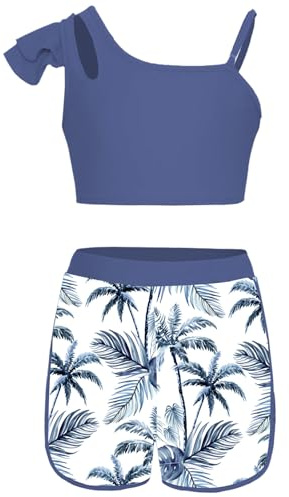 Freebily Costumi da Bagno Bambine Due Pezzi Tankini Mare Piscina Estate Bikini Nuoto Crop Top con Spalline Asimmetriche Canotta con Pantaloncini Stampato Costume Spiaggia Grigio A 15-16 Anni