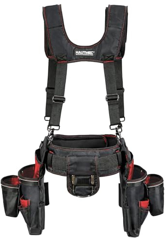 HAUTMEC Heavy Duty Tool Belt with Suspenders, 19-Pocket Tool Belt Rig, 1680D Work Belt with Padded Waist & Shoulder Support, Hammer Holder, Tape Measure Clip & Phone Pouch (HT0400)