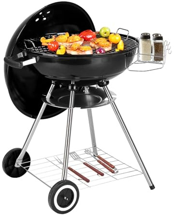 Outopee Portable Kettle Charcoal Grill, Outdoor Barbecue Grill with Wheels, Porcelain Enamel Lid, Storage Holder, Round BBQ Smoker for Camping, Backyard, Party, Picnic, Festival