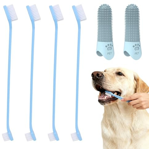 Set de limpieza dental para perros de 6 piezas: 2 cepillos de silicona de 7 cm + 4 cepillos dobles de 22 cm. Ideal para perros y gatos. Elimina la placa y el sarro (azul).
