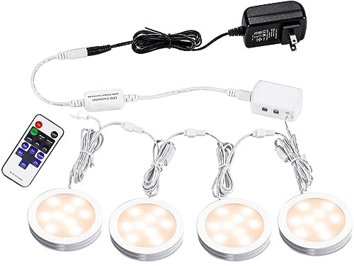 AIBOO Linkable LED Under Cabinet Lights 12V Slim Aluminum Dimmable Puck Lights with RF Remote Control & ETL Listed Power Adapter for Accent Display Lighting (4 Lights, Warm White)