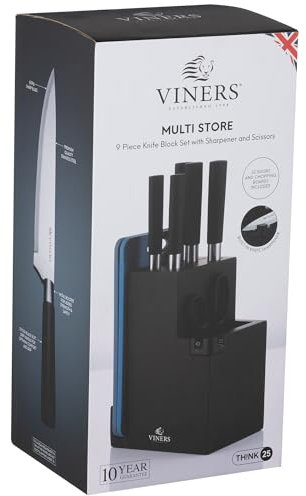 Viners Multi Store 9 Piece Knife Block Set with Sharpener and Scissors Black Kitchen Knives for Chopping, Slicing, Dicing Cutting