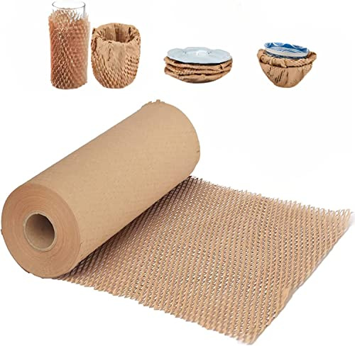 Honeycomb Packing Paper, 15x230' Honeycomb Cushioning Bubble Wrap Paper Roll for Moving Shipping Breakables Packaging Gifts with 20 Fragile Sticker Biodegradable & Fully Recyclable Brown Kraft