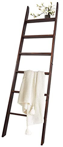 HYBDAMAI Blanket Ladder, 6-Tier Wooden Quilt Stand, Decorative Ladder Shelf, Leaning Shelf, Wall Leaning Blanket Ladder Towel Storage Rack for Living Room (Brown)