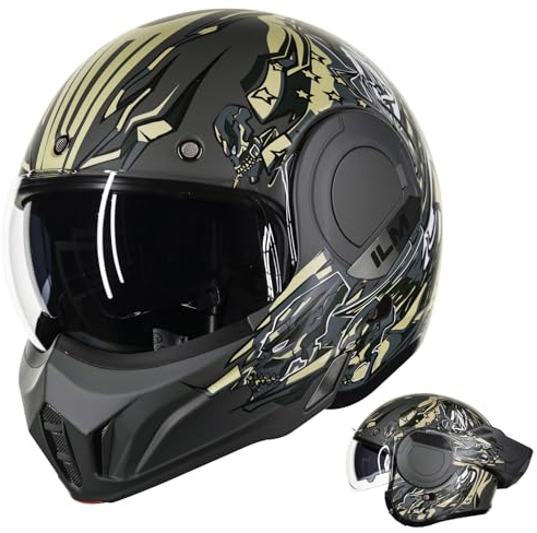 ILM Motorbike Motorcycle Helmet Full Face Modular Flip Up Vintage for Adults Men Women ATV UTV with 180° Reversible Chin Guard ECE Model-B707, Army Green , 2XL