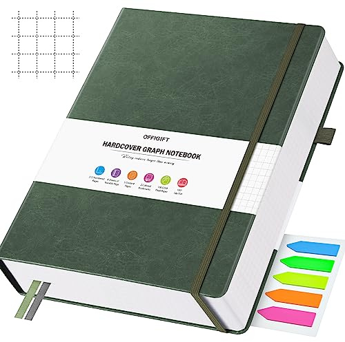OFFIGIFT Diagram pappersanteckningsbok, 312 numrerade sidor B5 inbunden läderjournal, 100 gsm inget blödande rutnät papper anteckningsbok med indexsidor, rutnät anteckningsbok för grafnoter matematik,