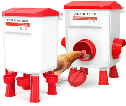 DETODDA 12kg Hühnerfutterspender und 11L Hühnertränke mit, Aufhängbarer Küken Futterautomat und Tränke Set, Hühnerfutterspender ohne Abfall und Geflügeltränke, Hühnerzubehör 2 Höhenverstellbaren Füßen