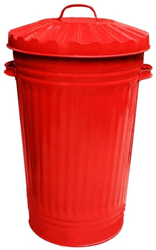 KetoPlastics Metal Bin Retro Dustbin Waste Rubbish Bin Animal Feed Outdoor or Indoor, Red Slim Tall Tapered Steel 45L