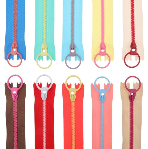 Bewudy 10 Stück Bunt Harz Reißverschlüsse, 10 Farben Nylon Reißverschluss Set Coil Reißverschluss mit Metall-Ring zum Nähen Basteln, 23 cm Kunstharz Nähreißverschlüsse für Nähbegeisterte DIY Kleidung