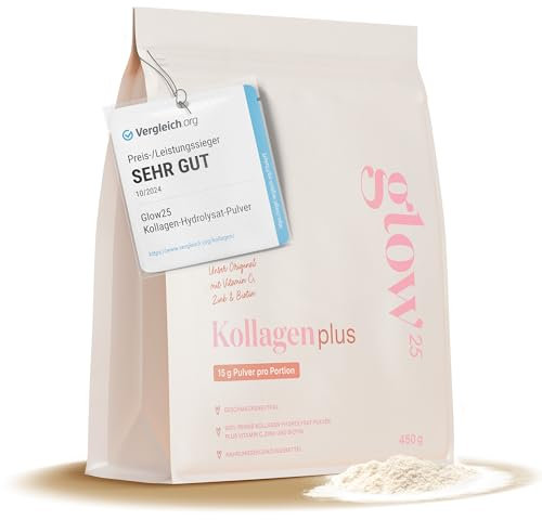 Glow25® Collagène Plus [450g] - Complément Alimentaire - avec Vitamine C, Zinc et Biotine - Hydrolysat de Collagène Premium - Peptides Type 1 et 3 - Haute Solubilité - Collagen