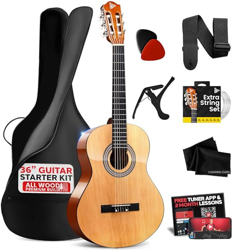 Pyle Beginner Acoustic Guitar Kit, 3/4 Junior Size All Wood Build Nylon String Instrument with Capo, Strap, Extra String Set, Gig Bag, Guitars for Beginners Adults Youth, 36 Natural Gloss