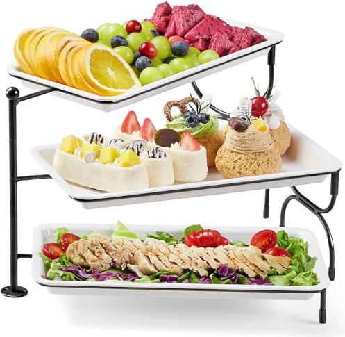 Lifewit Bandejas 3 Pisos de Plástico para Servir Comida, Bandeja Decorativas para el Entretenimiento de la Fiesta, 30×17cm Tazón de Frutas en Bandeja para Verduras, Frutas, Galletas, Postres, Negro