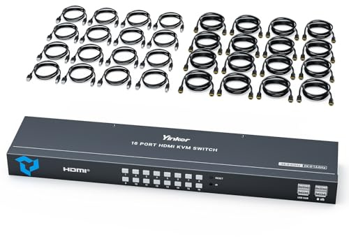4K 60 Hz HDMI KVM-switch 16 portar, Yinker HDMI KVM-switch 16 PC stöder 16 datorer 1 skärm tangentbord mus med typ C-laddningsport 4 USB-port för 19-tums rack
