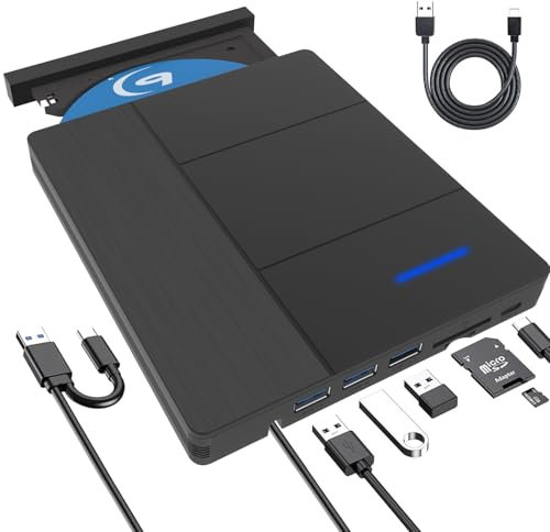 7 en 1 Lecteur Blu-Ray Externe, Lecteur BD Blu Ray graveur avec USB 3.0 Type-C Portable Blu Ray Drive,Portable 3D CDDVD graveur lecteur Bluray optique pour ordinateur Portable PC bureau Windows 10
