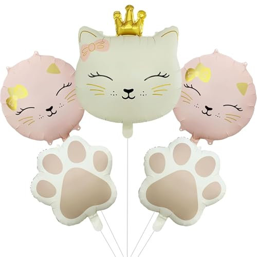 DazzJoy Lot de 5 ballons décoratifs en forme d'animaux, taille XXL, ballons en aluminium, animaux, chats, décoration d'anniversaire, pour fille, crème rose, couronnes et chats, pour fête animale