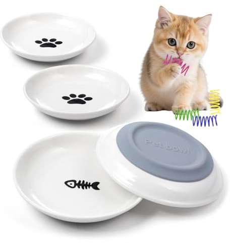 Cat Bowls Ceramic Cat Food Bowl-Shallow Kitten Bowls, Whisker Fatigue Cats Dishes for Wet Dry Food and Water, 15cm Wide Pet Feeding Plates for Cats and Dogs, Non-Slip Base