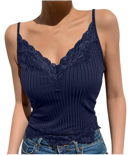 2025, canotta estiva da donna, con spaghetti, top in pizzo, scollo a V, canottiera estiva, senza maniche, elegante, casual, in tinta unita, basic
