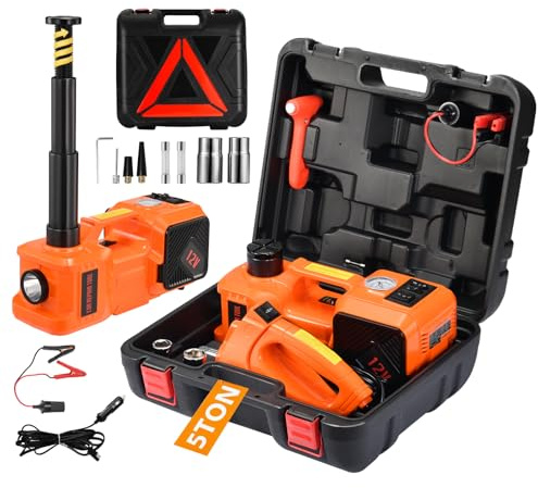 Electric Car Jack Kit 5 Ton 12V Floor Jack Portable Hydraulic Car Jack with Impact Wrench and Tire Inflator Pump for SUV Sedans Tire Change with LED Light, Lifting Height 6 to 17.7 Inch