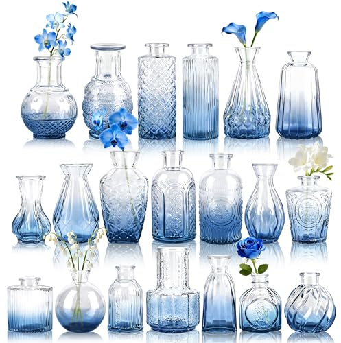 BTSD-home 20 Pack Blue Glass Bud Vases for Home Table Decorations | Small Vases Etched Vintage Patterns Smooth Polished Rim Scratch Free Surface Slim Elegant Neck Living Room Decor