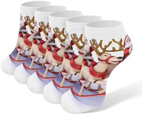 FekiLoot Santa Claus Reindeer Sled Socks 5 Pairs Breathable Ankle Socks Compression Support Athletic Low Cut Sock
