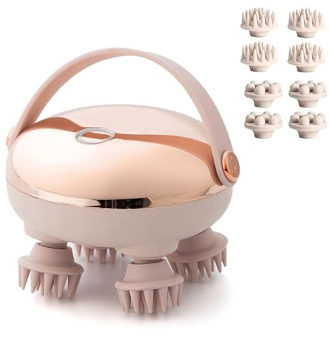 Masajeador de cabeza eléctrico, aparato de masaje de piel peluda inalámbrico e impermeable con 8 cabezas y 2 modos, 360° amasado (128 nudos) para relajarse, humano y animales (rosa dorado)