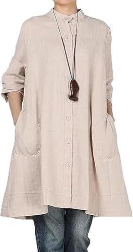 Minibee Women's Button Down Shirts Cotton Linen Blouses Jacket, Beige, 2XL