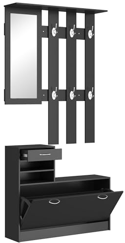 HOMCOM Ensembles 3 en 1 de Meuble d'entrée vestiaire avec Panneau Porte-Manteau, Miroir et Banc à Chaussures - 6 Crochets et étagère réglable, Noir