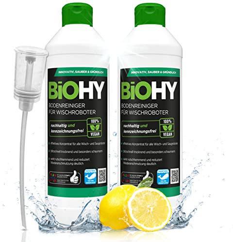BiOHY Nettoyant de sol pour robot aspirateur laveur (2xBouteille de 500ml) + Distributeur | concentré pour tous les robots d'essuyage et d'aspiration à fonction humide (Wischroboter)