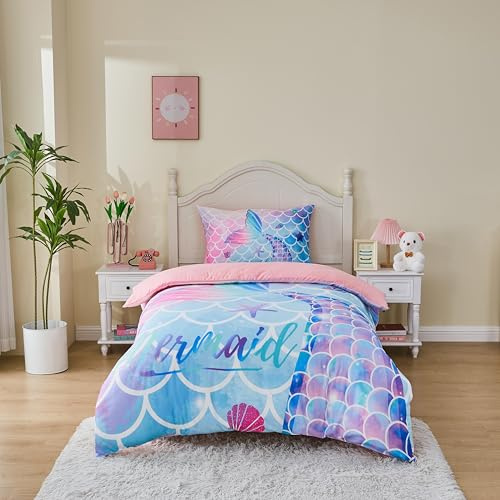 MUSOLEI Mermaid Bedding Set Girls Single Colorful 3D Mermaid Tail Blue Duvet Cover Sets Pink Lovely Quilt Cover Soft with Pillwocase (MermaidBedding, Single)