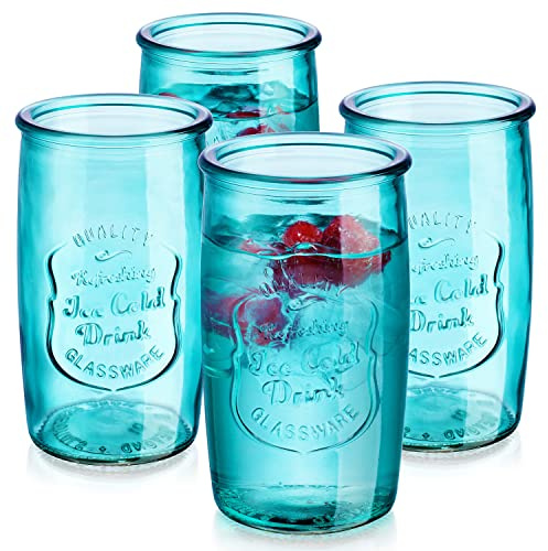 Glaver's Highball Glasses Set of 4 – 20oz Artistic Ice-Cold Pretty Blue – Vintage Glassware with Embossed Logo – Beverage Drinking Glasses for Water, Juice, Cocktails. Hand Wash.