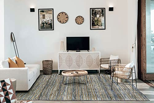 HAMID - Woll- und Jute-Teppich Olivia, Handgewebter Woll-Jute-Teppich für Wohnzimmer, Schlafzimmer, Blau Geädert, (60 x 110 cm)