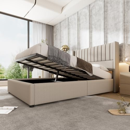 Kayan Stauraumbett Polsterbett Hydraulisch Doppelbett 160x200cm, Lattenrost aus Holz, Bett mit Lattenrost aus Metallrahmen, Leinen (Beige 1, 160x200cm)