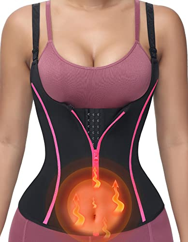 YADIFEN Waist Trainer Vest for Women,Zipper Corset Body Shaper for Tummy Control Neoprene Cincher Tank Top with Straps (Black-Pink, 4XL)