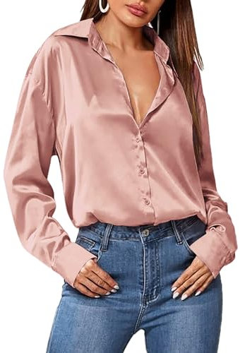 Zeagoo Damen Satin Bluse V-Ausschnitt Langarm Seidenbluse Elegant Satinblusen Causal Oberteil Langarmshirt Business Hemd Rosa M