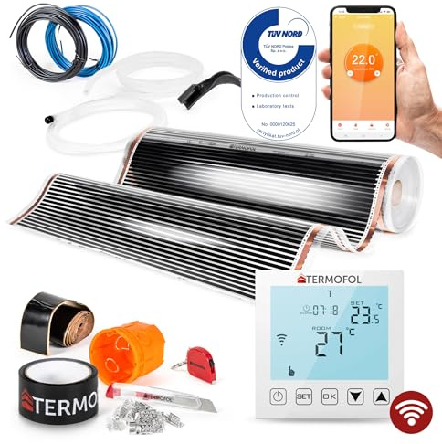 Termofol Chauffage Electrique par le Sol Set - Tapis Chauffant avec WiFi Thermostat 230V - Chauffage d'appoint Puissance 140 W/m2 - Surface 12m² - Plancher Chauffant Electrique
