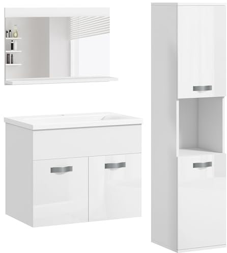 kleankin Conjunto de Muebles de Baño de Pared de 3 Piezas, Incluye Espejo, Mueble de Baño con Lavabo Cerámico, Armario Alto con Estantes Ajustables, Estilo Moderno, Blanco