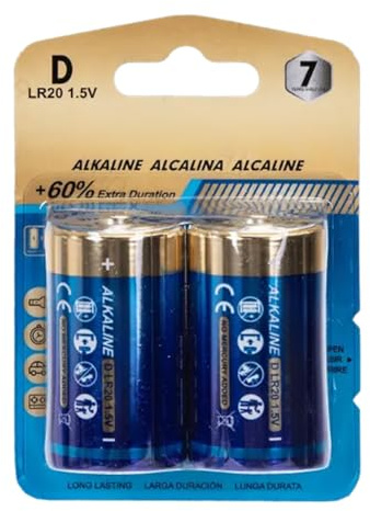 Pila alcalina D 1,5 V, 2 Unidades, Ideal para Dispositivos electrónicos, linternas y Juguetes.