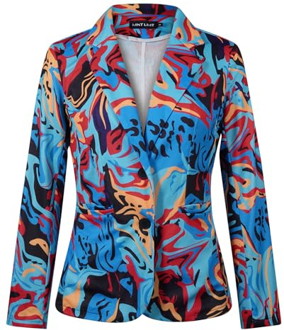 MINTLIMIT Women's Graphic Art Print Long Sleeve Blazer 2 Button Front Lined Blue Mixed Texture for Spring Summer Casual Outings (Blue Mixed Texture L)